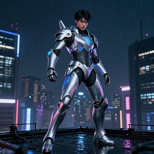Cyberpunk Warrior in Silver Armor on Rooftop