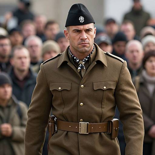 Photograph of a stern-faced, white male soldier in a brown military uniform and black cap, standing in front of a blurred crowd.