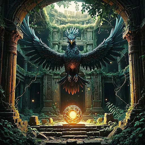 Ghibli-Style Phoenix in Ruined Temple