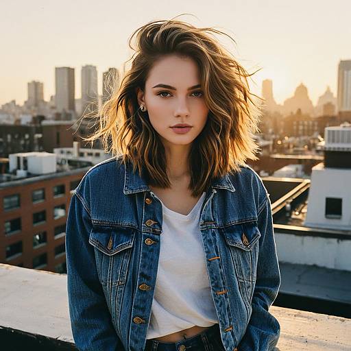 Young Woman with Textured Layers Hairstyle on Rooftop