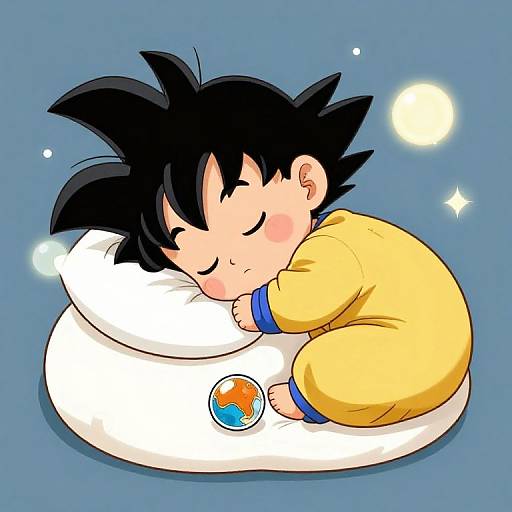 Digital illustration of chibi-style, sleeping Goku with black spiky hair, yellow pajamas, and a white pillow, blue background, with glowing stars