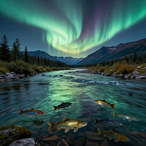 Photograph: Aurora borealis lights up a night sky over a mountainous river, with five colorful fish swimming in the reflective, clear water in the