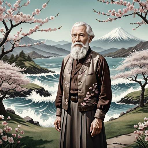 Elderly man in traditional attire by cherry blossoms and Mount Fuji