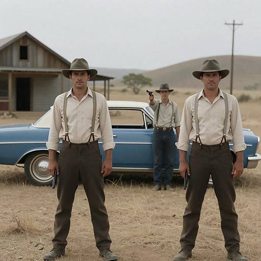 Three Men with Pistols in Rural Setting