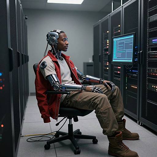 Photograph of a black male cyborg with robotic arms and headset, wearing a red vest, white shirt, and brown pants, seated in a data