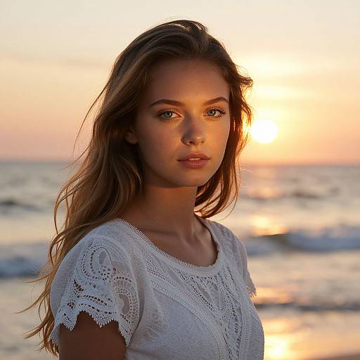 Photograph of a beautiful young woman with long brown hair, wearing a white lace top, standing on a beach at sunset. Ocean waves and golden sky