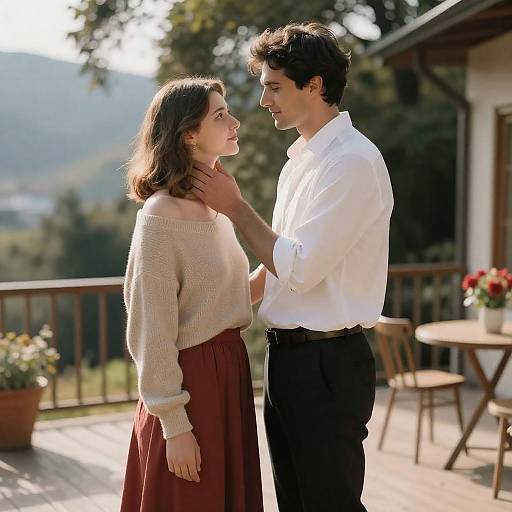 Couple Sharing Tender Moment on Wooden Deck