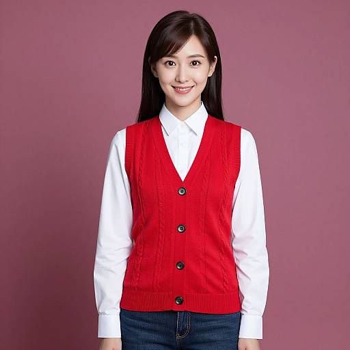 Photograph of an Asian woman with long black hair, smiling, wearing a white shirt, red knit vest, and blue jeans, against a pink background