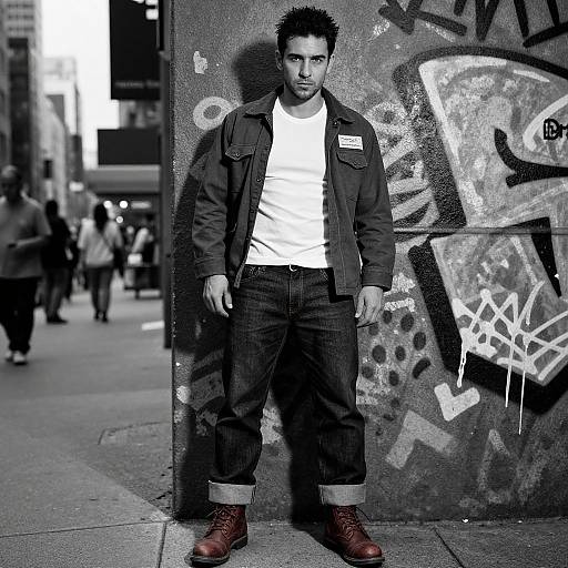 Black-and-white photograph of a young Asian man with spiky hair, standing against a graffiti-covered wall in an urban street, wearing a white t-shirt