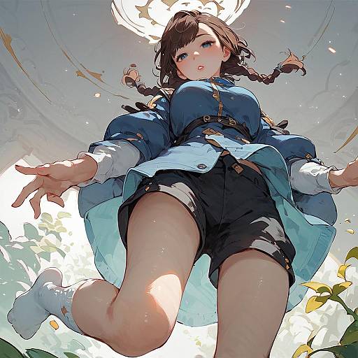 Anime Girl Standing on One Leg with Twin Braids