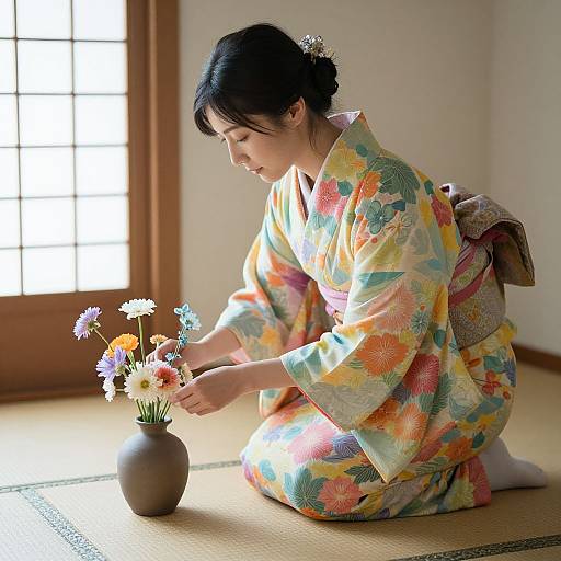 Woman in Kimono Arranging Flowers Indoors