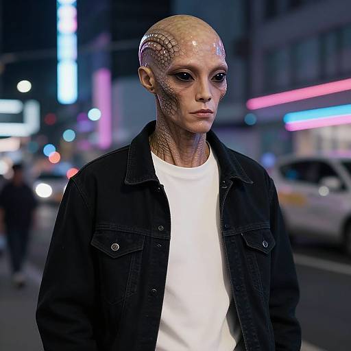 Photorealistic CGI of a bald, alien-like humanoid with textured skin, wearing a black jacket over a white shirt, standing in a neon-lit