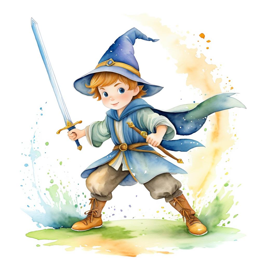 Whimsical Young Wizard with Sword Illustration