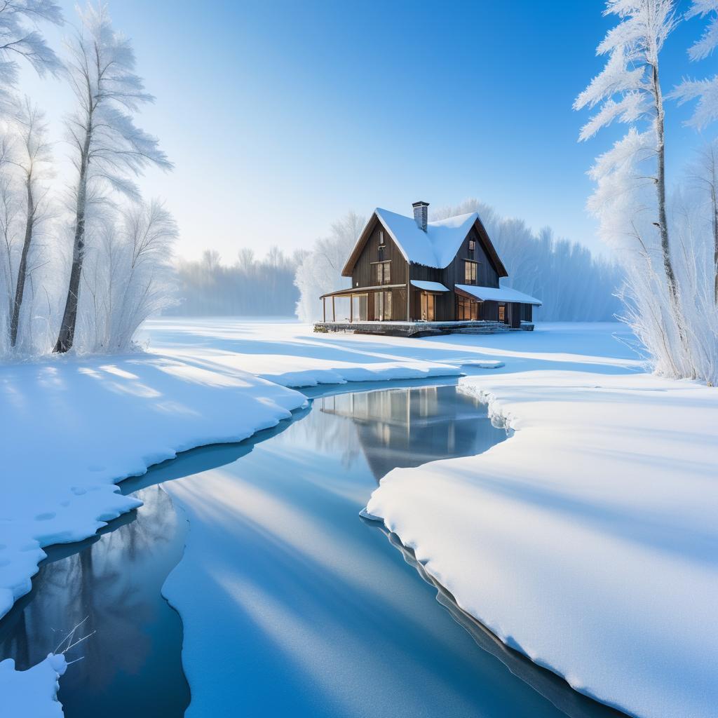 Serene Winter Landscape with Cozy Cabin