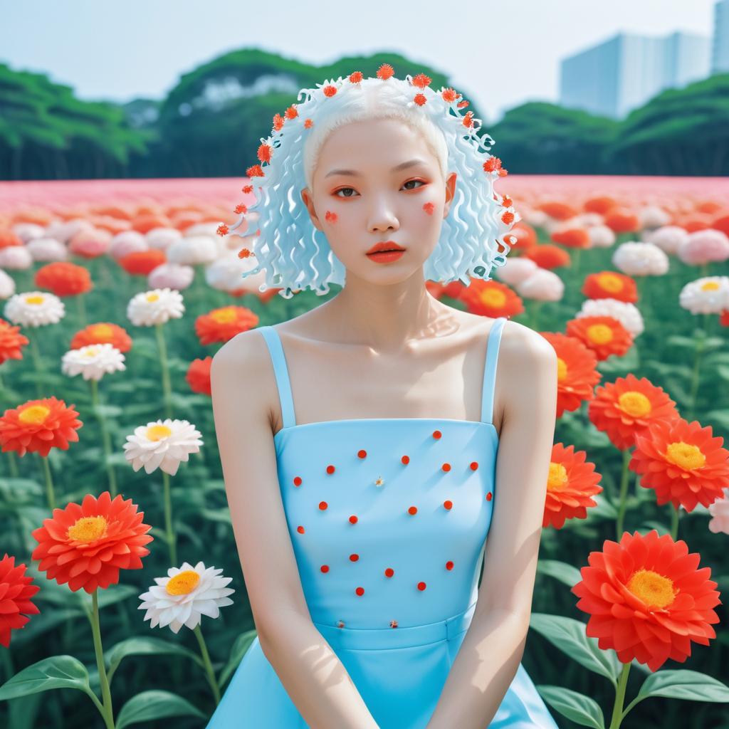 Albino Model Amidst Zinnia Flowers