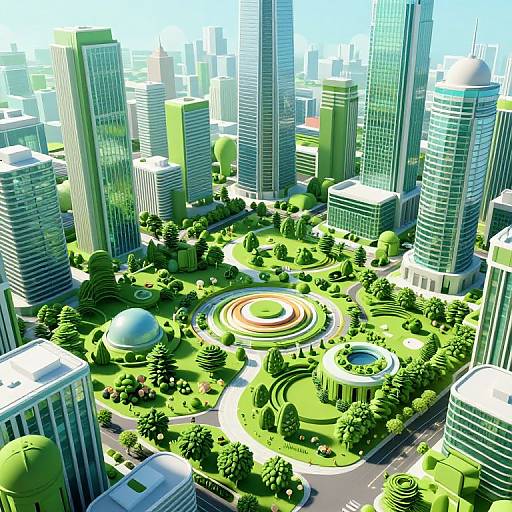 CGI cityscape of a modern urban park surrounded by tall skyscrapers, featuring vibrant green trees, circular pathways, a dome, and a small