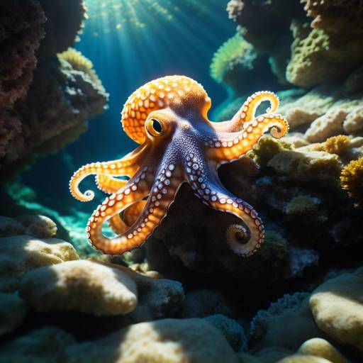 Octopus Exploring Rocky Underwater Crevice