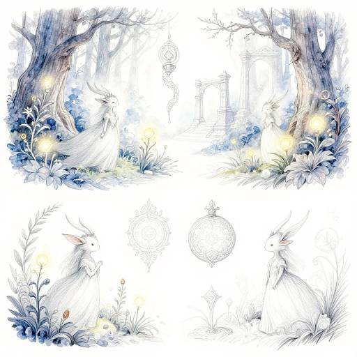 Whimsical watercolor illustration of two large, twisted trees with glowing orbs, surrounded by blue and white flowers, and delicate grasses. White background