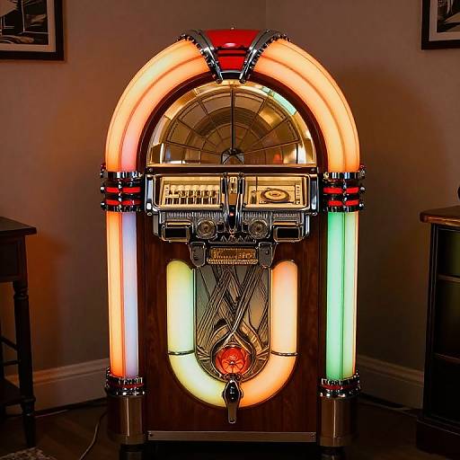 Retro neon arcade jukebox with glowing orange, green, and red lights, vintage wooden frame, and chrome details, set against a beige wall