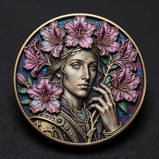 Engraved, circular, bronze pendant featuring a serene, detailed woman with flowing hair and pink flowers in her hair, set against a vibrant blue background