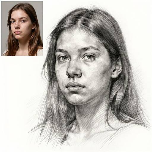 Photograph and detailed pencil sketch of a young woman with long brown hair, pale skin, and serious expression. Top-left photo, right sketch.
