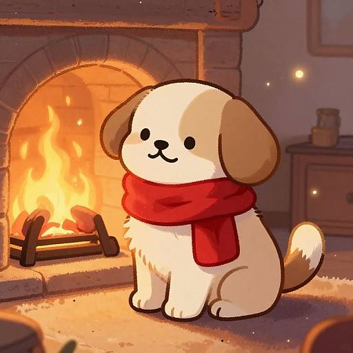 Cozy Cartoon Dog by Fireplace
