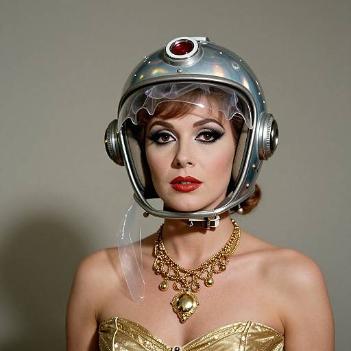 Photograph of a fair-skinned woman with red lipstick, wearing a silver retro helmet with transparent visor, gold strapless top, and intricate gold