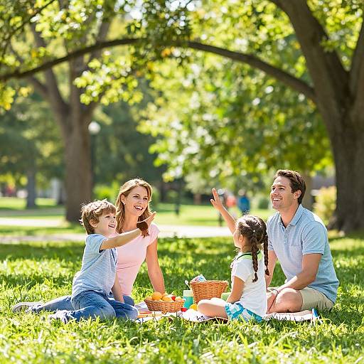 Photograph of a cheerful family picnicking on green grass in a sunlit park; parents, son, and daughter sit around a basket, smiling