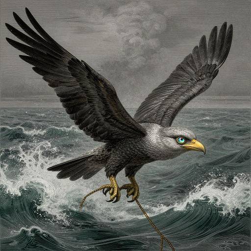 Digital illustration of a black bird with white head, blue eye, and yellow beak, soaring over turbulent, dark ocean waves.