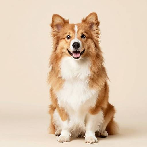 Photograph of a fluffy, orange and white Border Collie sitting against a plain white background, smiling with its tongue slightly out.