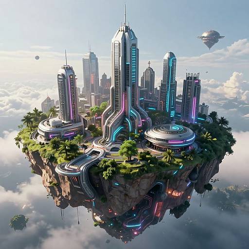 Futuristic floating cityscape with neon-lit skyscrapers, winding roads, lush greenery, and clouds below; detailed CGI with vibrant colors