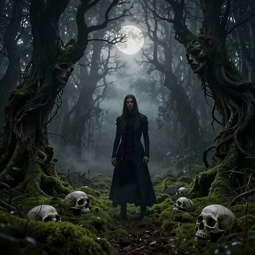 Digital art of a dark, gothic forest at night with a mysterious, long-haired figure in black standing amid scattered skulls under a glowing full moon.