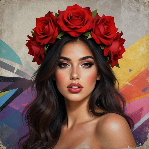 Digital portrait of a beautiful woman with long dark hair, wearing a red rose crown, against a colorful abstract background.