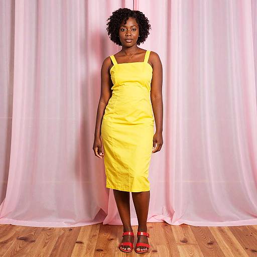 Photograph of an African-American woman with curly black hair, wearing a bright yellow sleeveless dress and red sandals, standing against a white curtain backdrop on