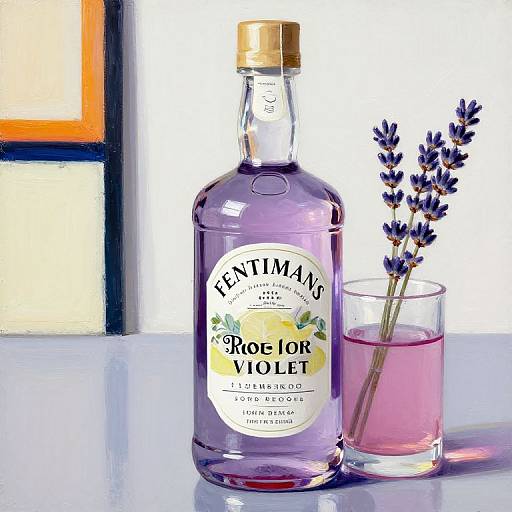 Photograph of a purple vodka bottle with yellow label, gold cap, and glass of purple liquid with lavender sprigs, on white surface.