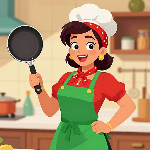 Cartoon-style illustration of a smiling Asian woman with brown hair, wearing a white chef hat, red polka-dot scarf, green apron, and