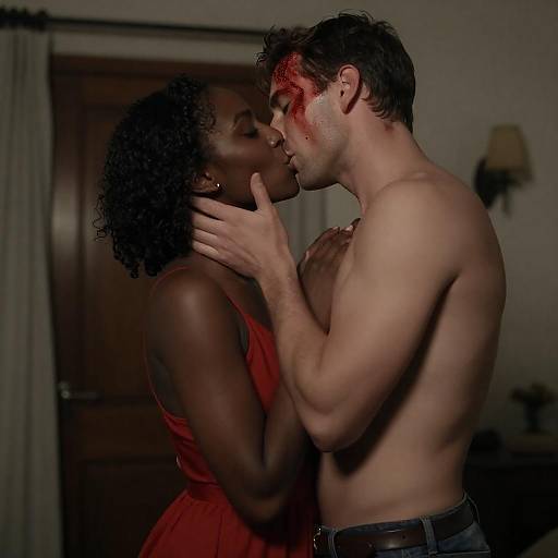 Passionate Kiss in Dimly Lit Room