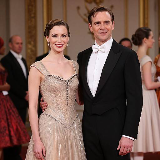 Photograph of a smiling couple in formal attire; woman in a beige, beaded gown, man in a black tuxedo, standing in an