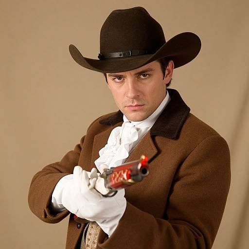 Photograph of a man in a brown suit, white gloves, and black hat, aiming a red and black revolver with a serious expression against a beige
