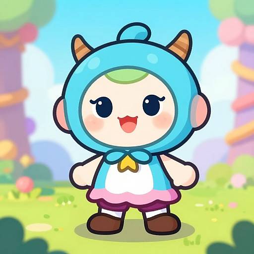Cute digital anime-style drawing of a chibi character with blue horned hat, white shirt, blue bow, pink skirt, and brown shoes,