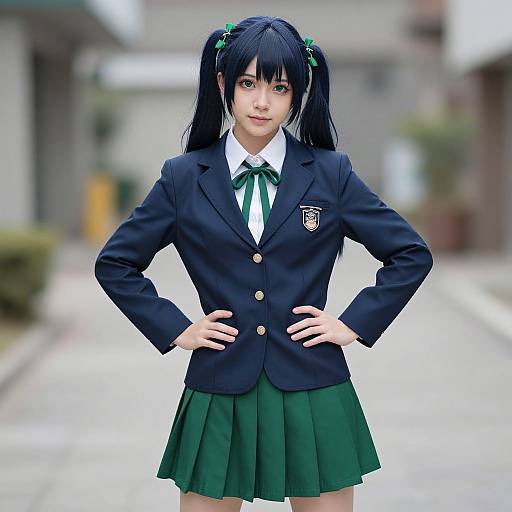 Photograph of a Japanese anime-style girl with long black hair in twin pigtails, wearing a dark navy school blazer, green skirt, and