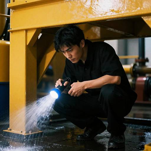 Crouching Man Under Industrial Machinery
