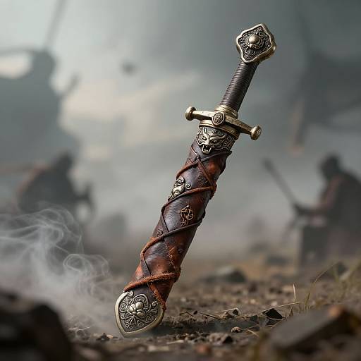 Photograph of an ornate, silver-hilted sword with a leather-wrapped handle, standing upright on a smoky, battlefield ground, with