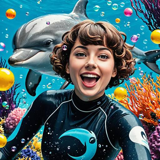Cheerful Woman with Dolphin in Colorful Underwater Scene