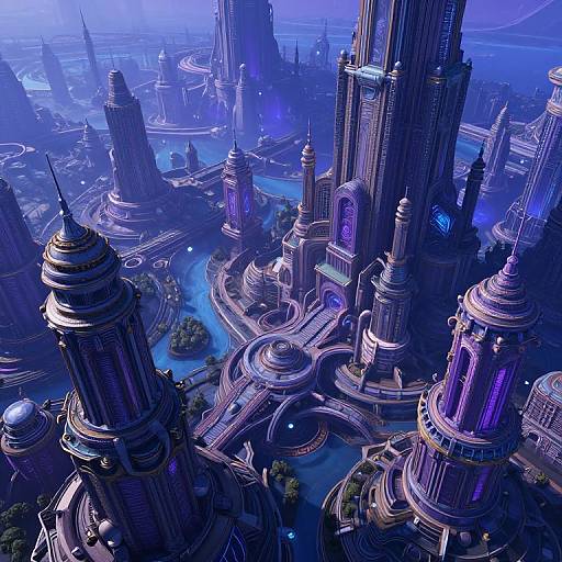 Digital CGI of a futuristic, blue-lit cityscape with towering, ornate spires and intricate circular architecture, surrounded by glowing waterways and lush