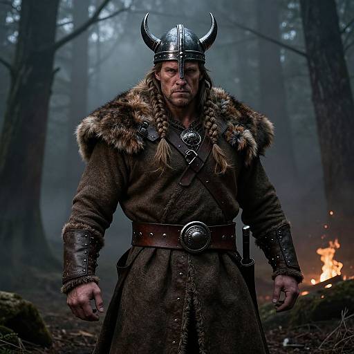 Photograph of a muscular Viking warrior in a dark brown fur-lined cloak, horned helmet, and braided hair, standing in a foggy forest