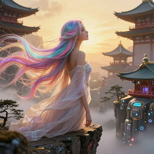 Ethereal Woman Amidst Myth and Tech