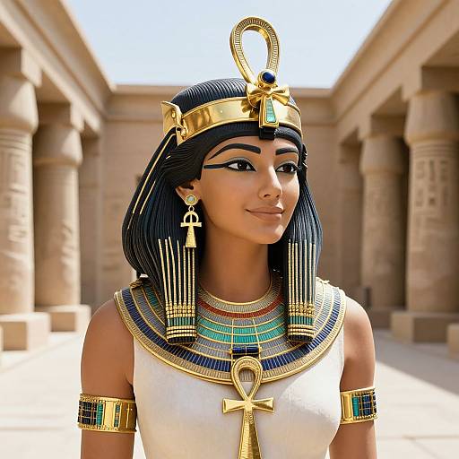 Digital art of an Egyptian woman with dark blue hair, gold headpiece, white dress, colorful necklace, and Ankh earrings, standing in a sun