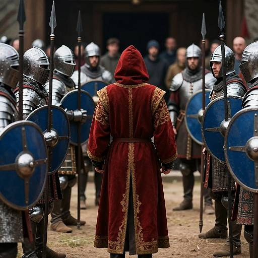 Intense Medieval Battle with Hooded Figure