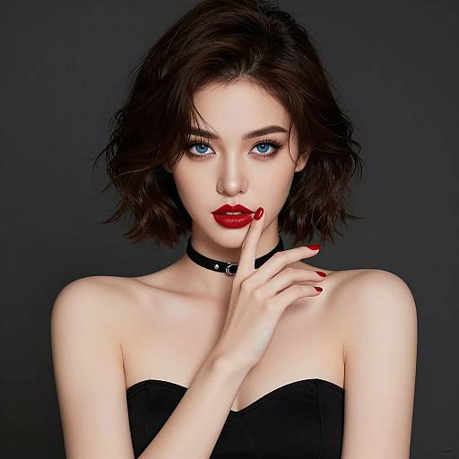 Photograph of a pale-skinned, blue-eyed woman with short, dark brown hair, wearing a black choker and strapless black top, with